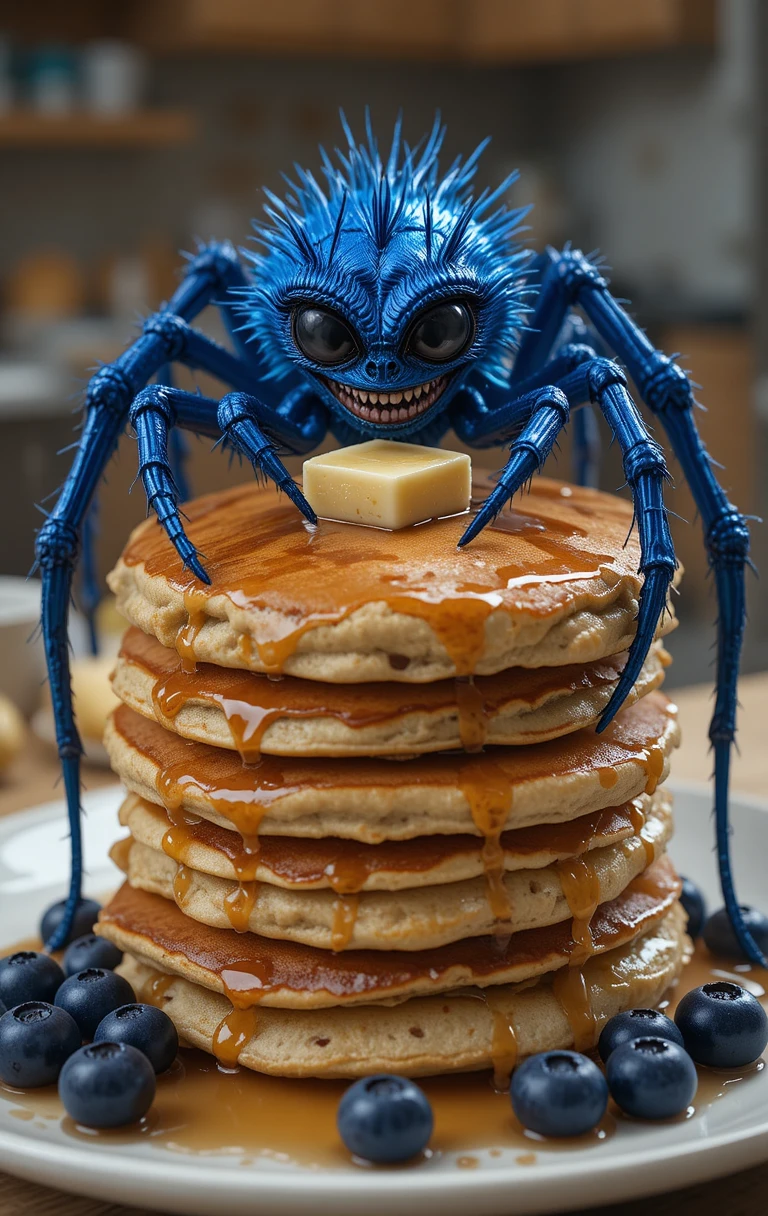 Blue spider grinning atop blueberry pancakes in a kitchen