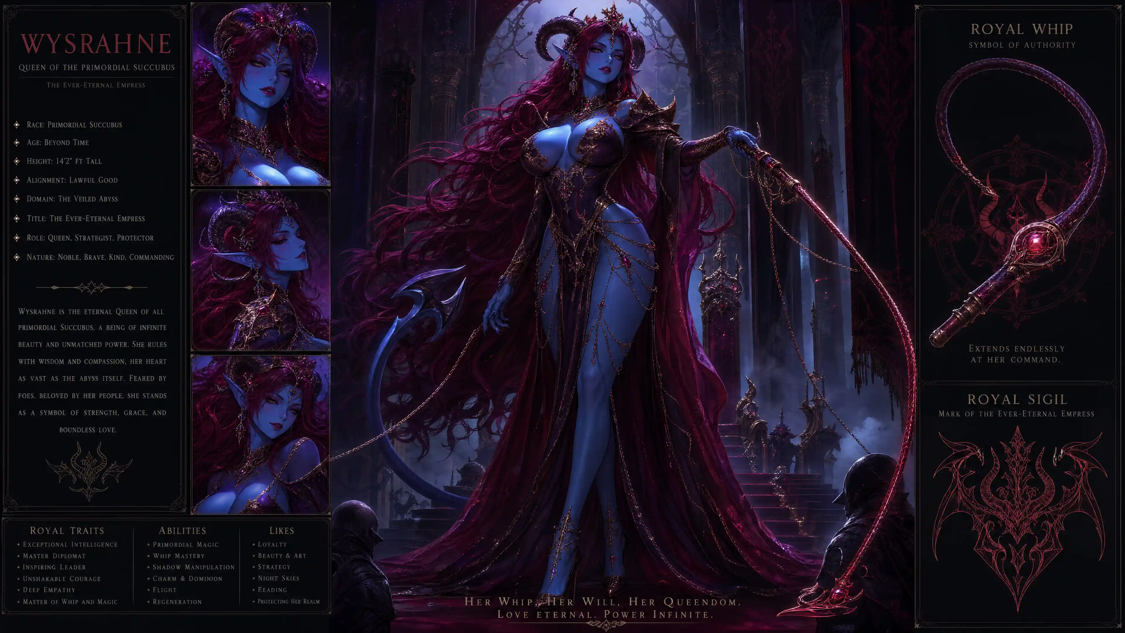 Tall blue skinned succubus queen in regal fantasy attire