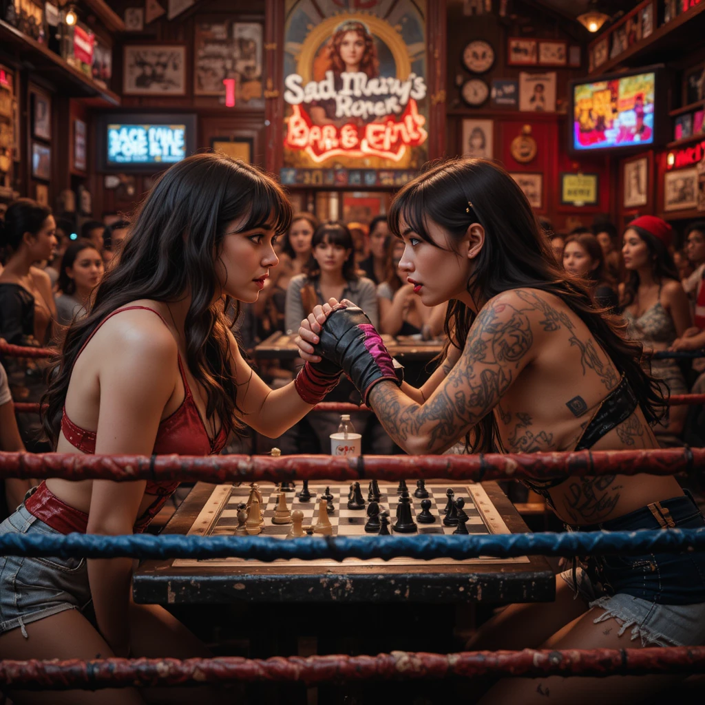 Two women face off in a lively bar competition ring