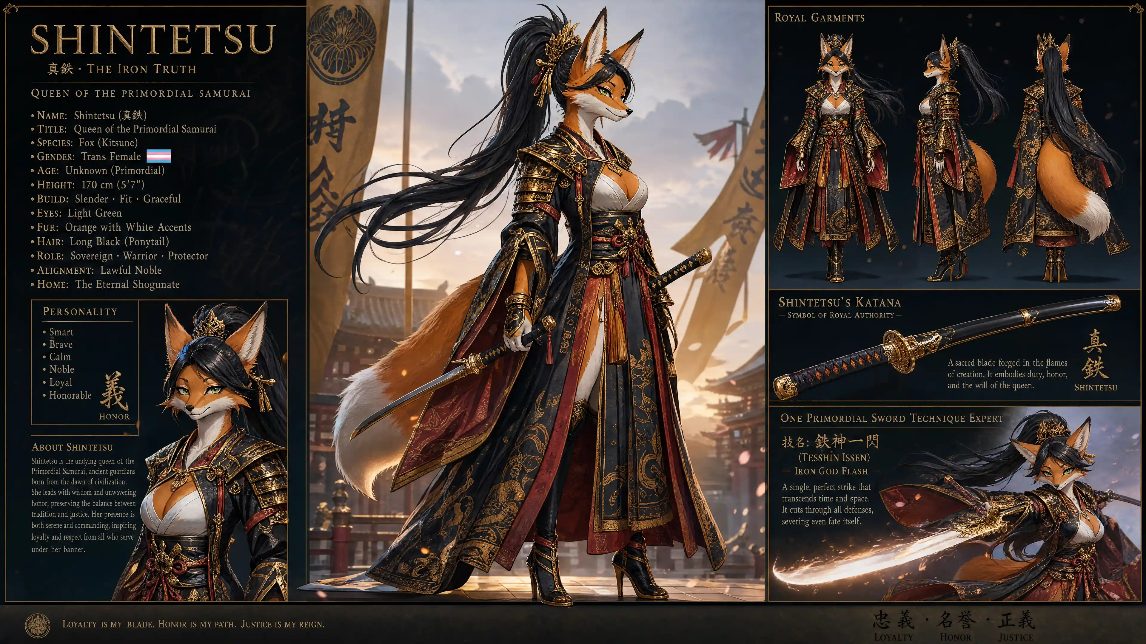 Majestätische Fuchs-Samurai-Königin mit wehendem schwarzen Pferdeschwanz