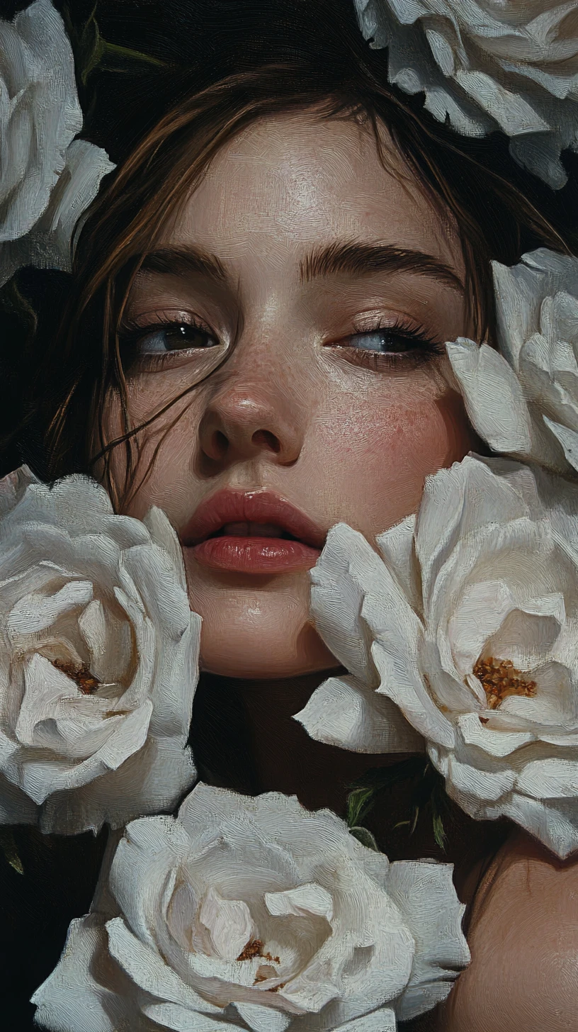 Retrato en primer plano de una mujer enmarcada por rosas blancas