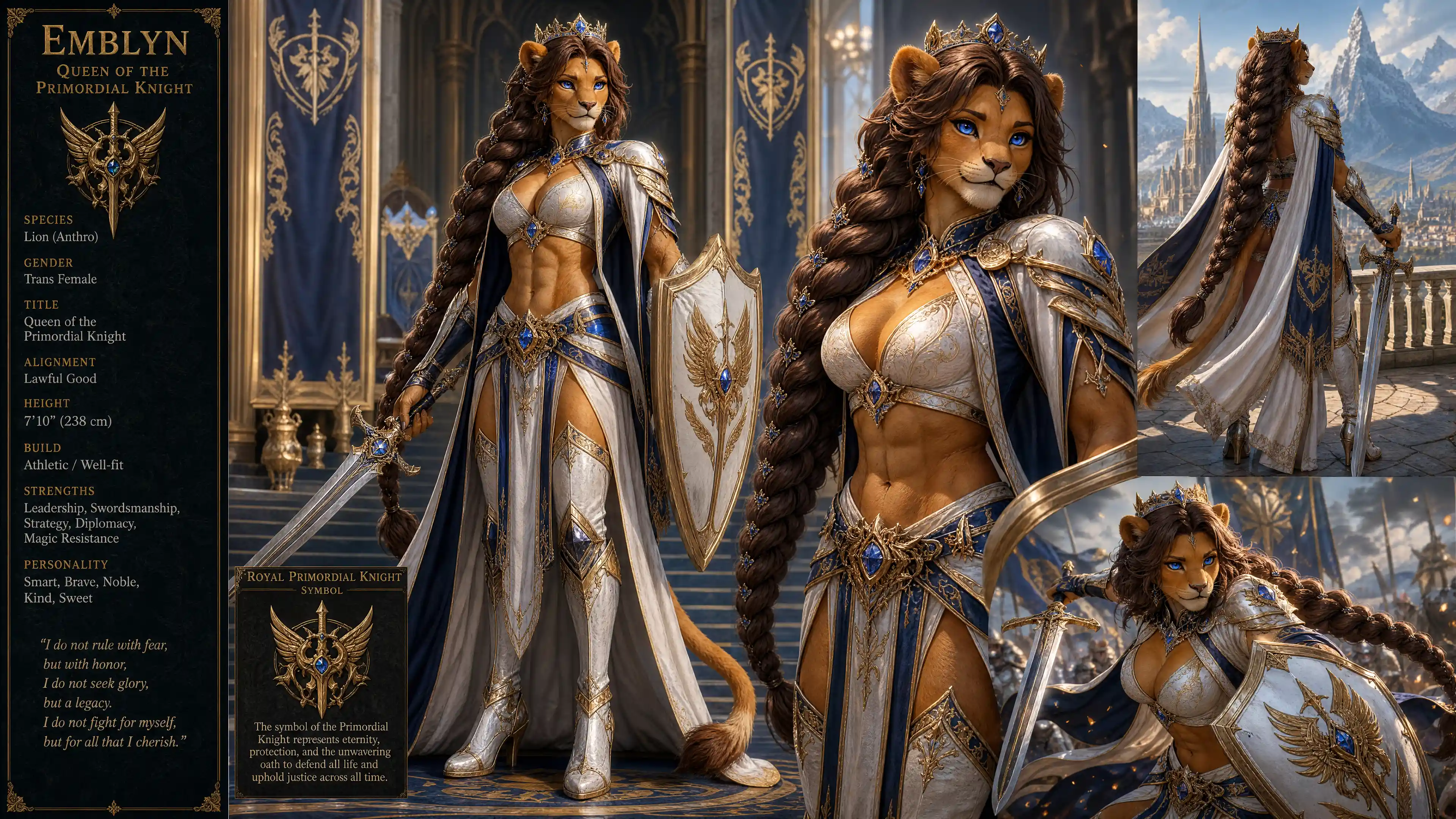 Regal anthro lion queen in ornate knight armor