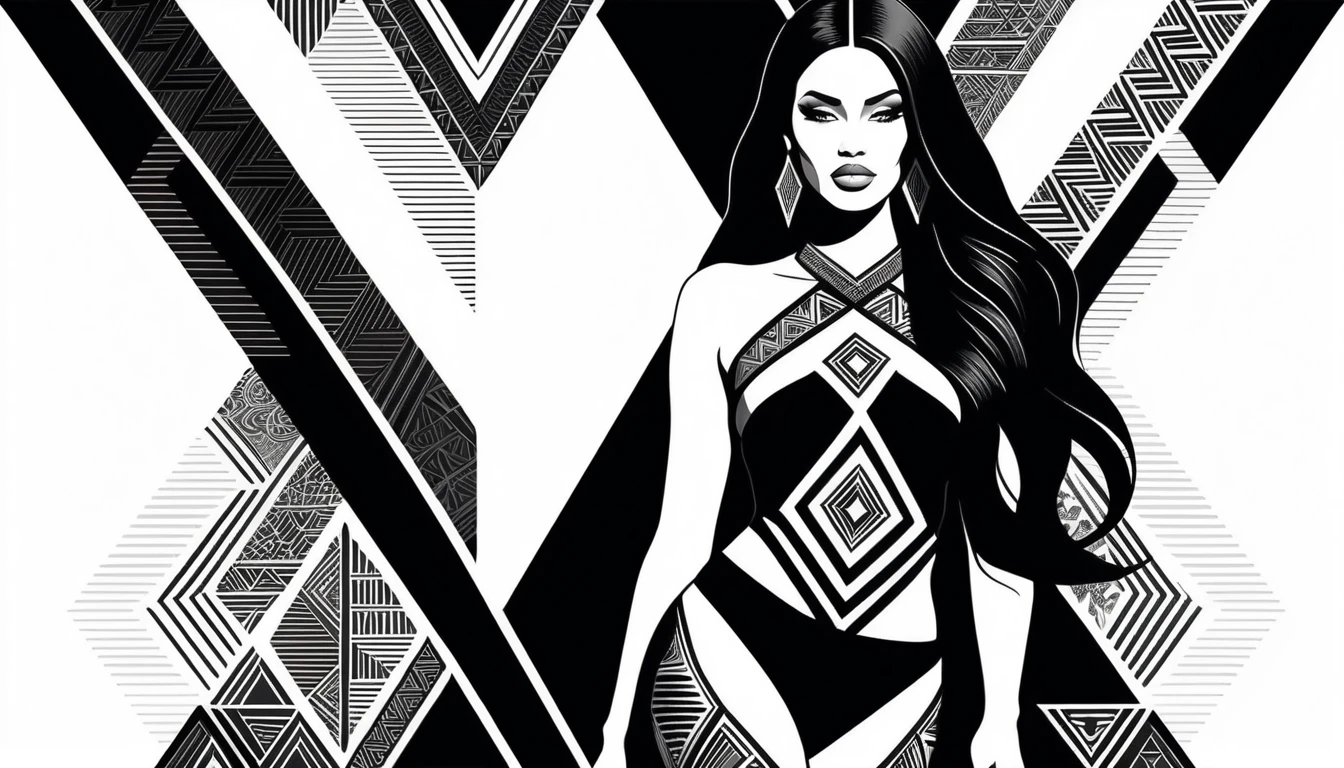 Blackwork fashion model on geometric tribal runway illustration