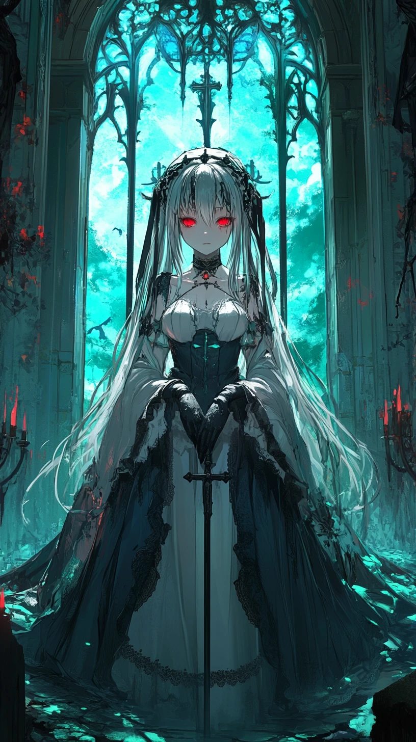 Anime girl sleeping in chained coffin in gothic cathedral