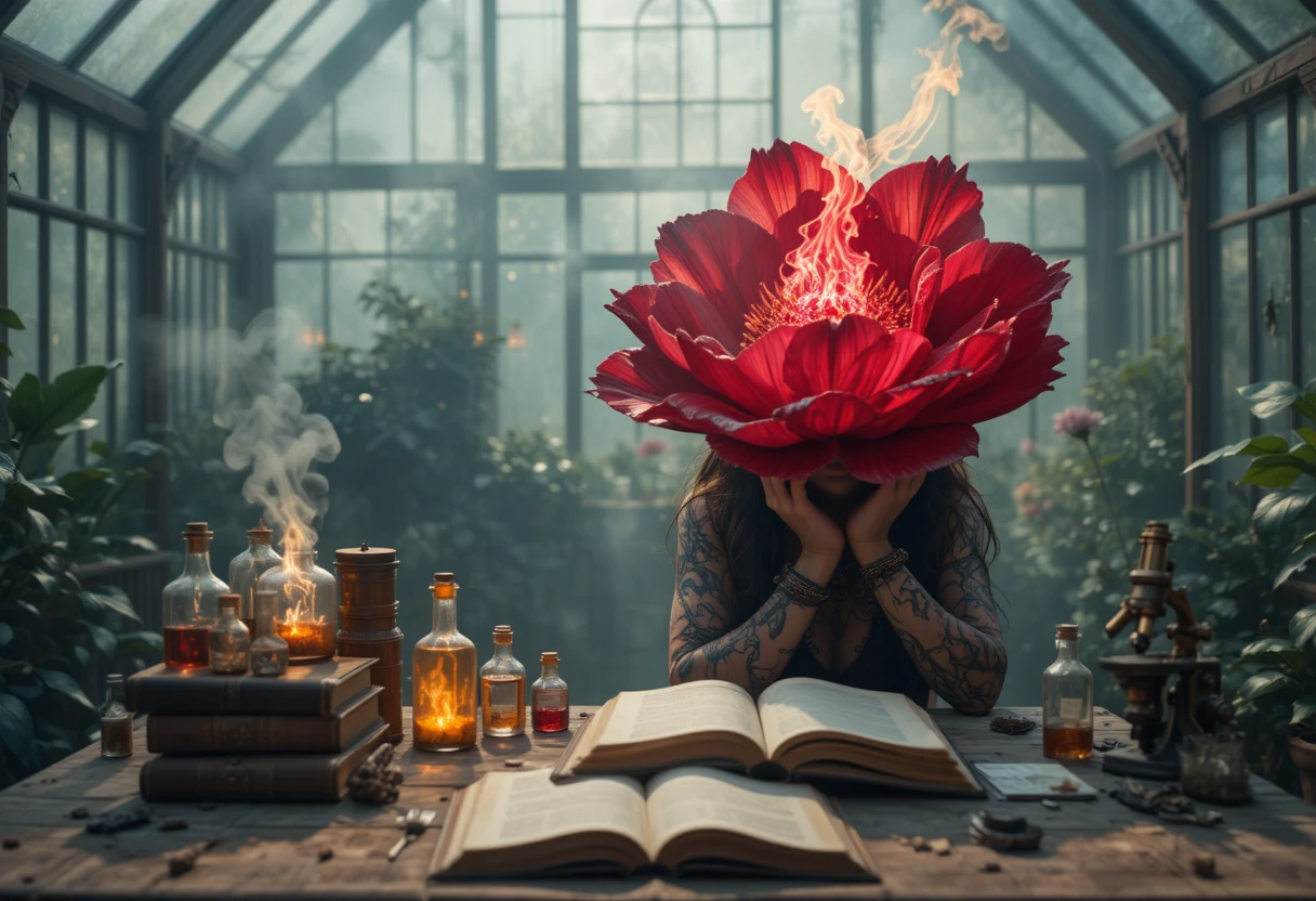 Steampunk woman with flaming crimson flower in greenhouse