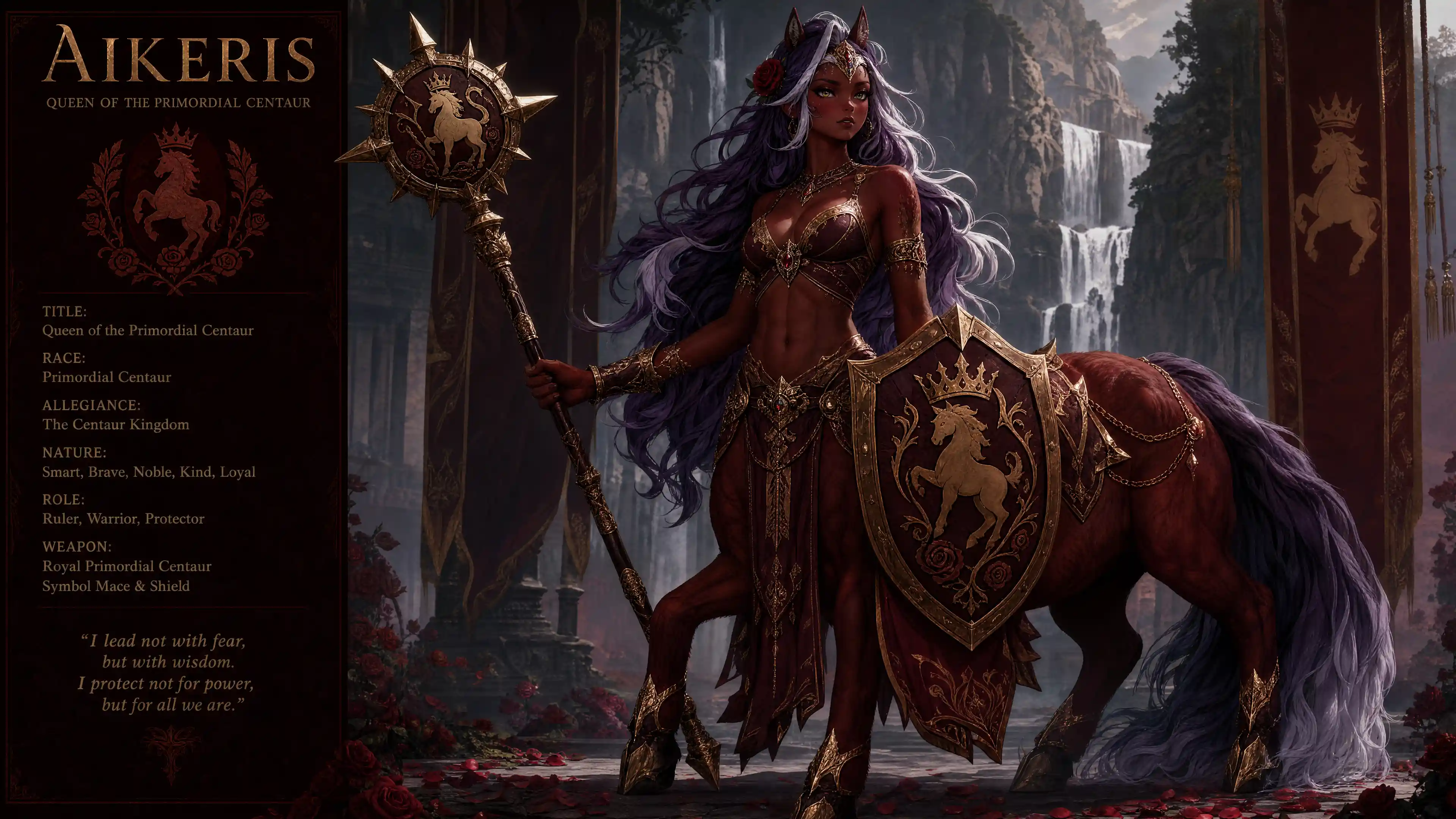 Regal primordial centaur queen with violet hair and mace