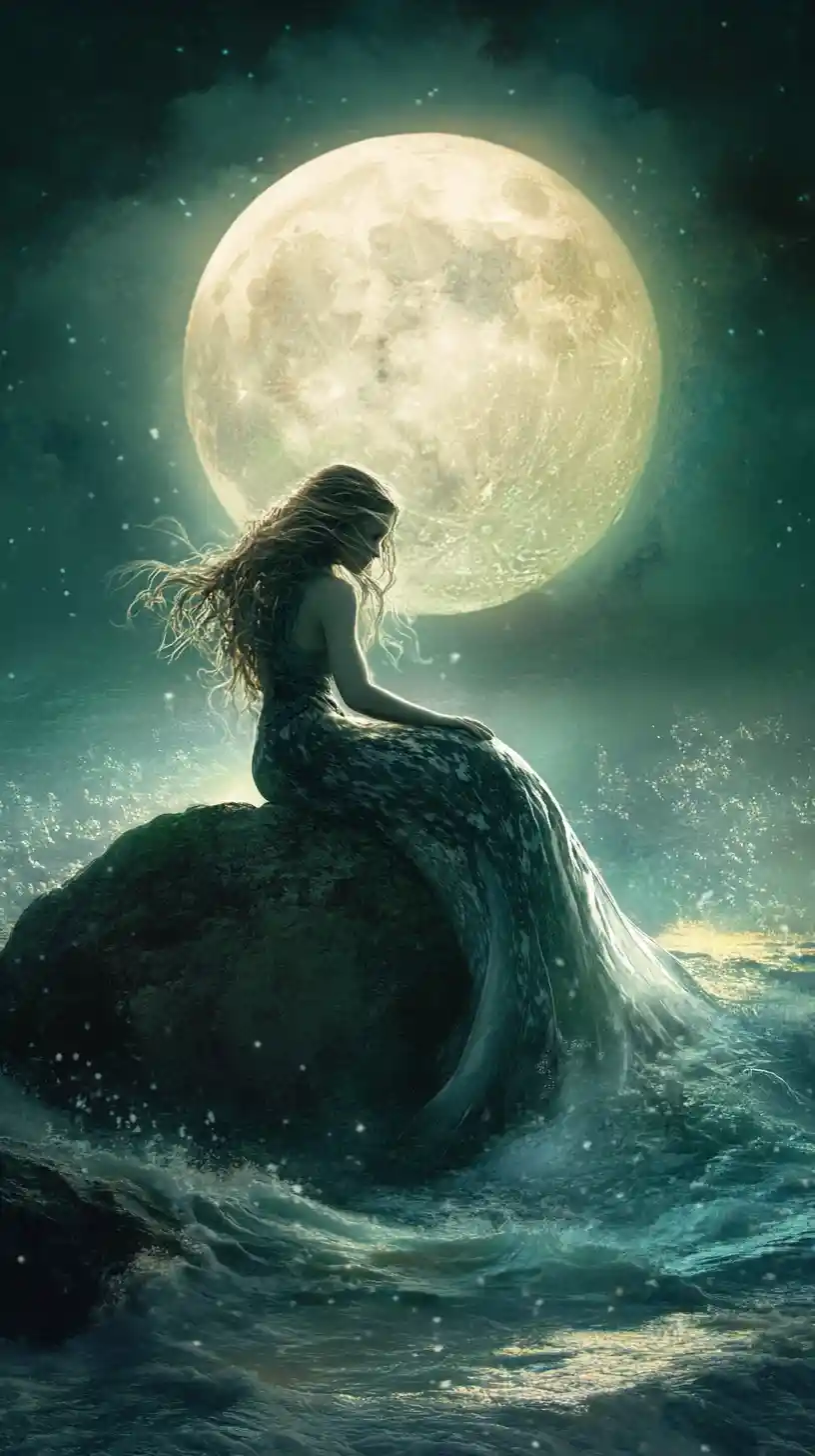 Wistful selkie between human and seal form by the sea