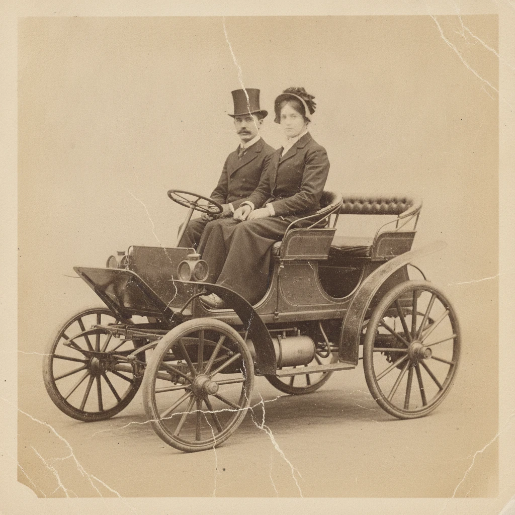 Vintage horseless carriage in faded black and white