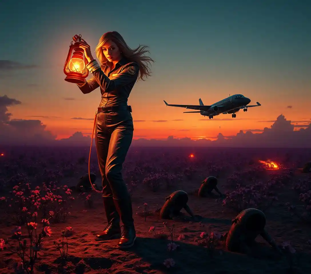 Ethereal Aviator Woman Floating Over Surreal Battlefield