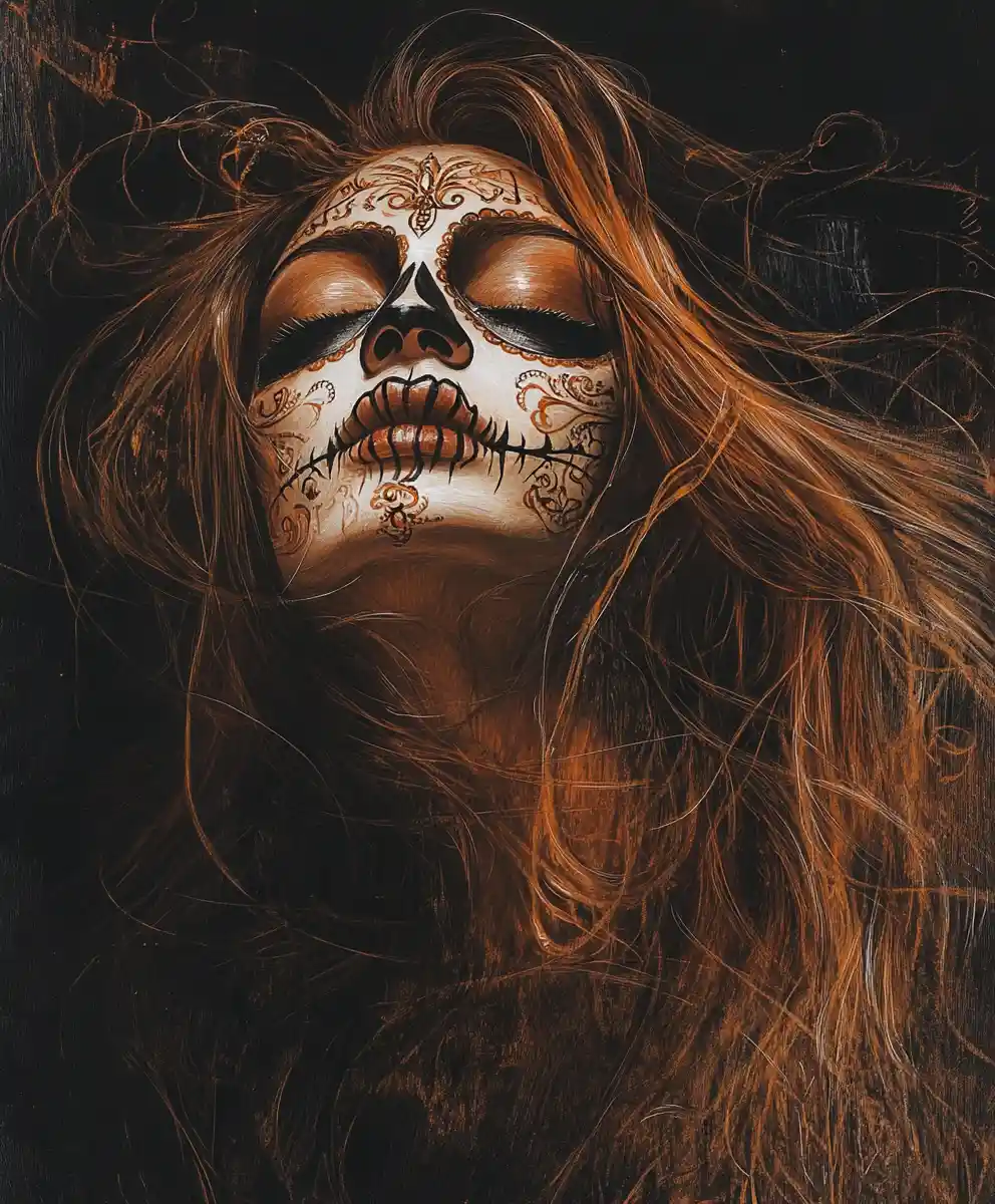 Woman with sugar skull makeup in dark portrait