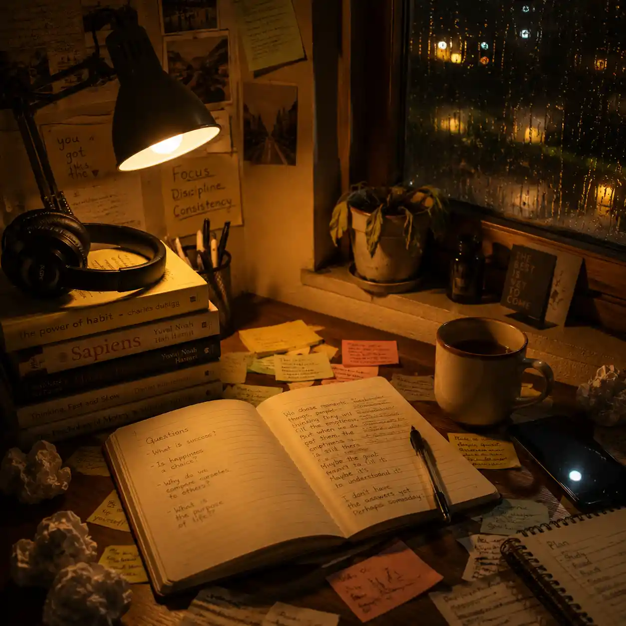 Warm lamplit study desk with journal books and tea