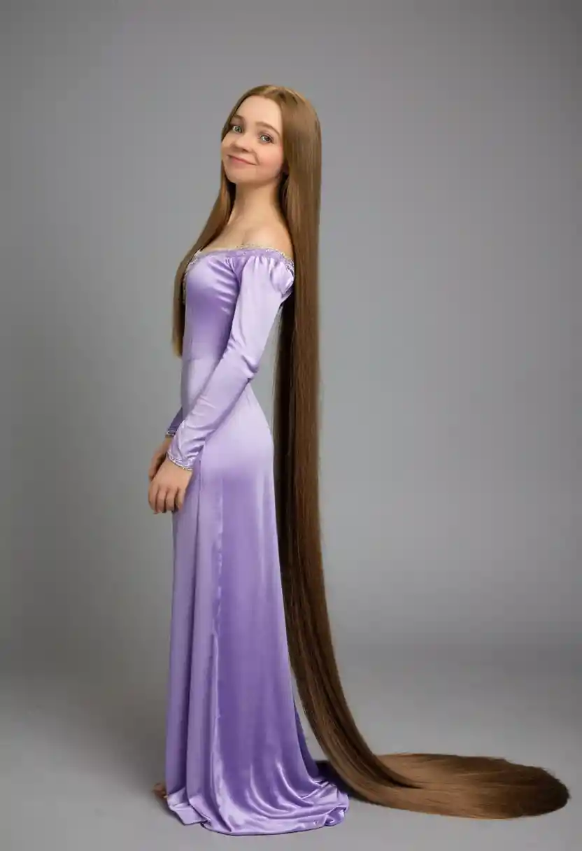 Smiling woman with extremely long silky hair in side profile