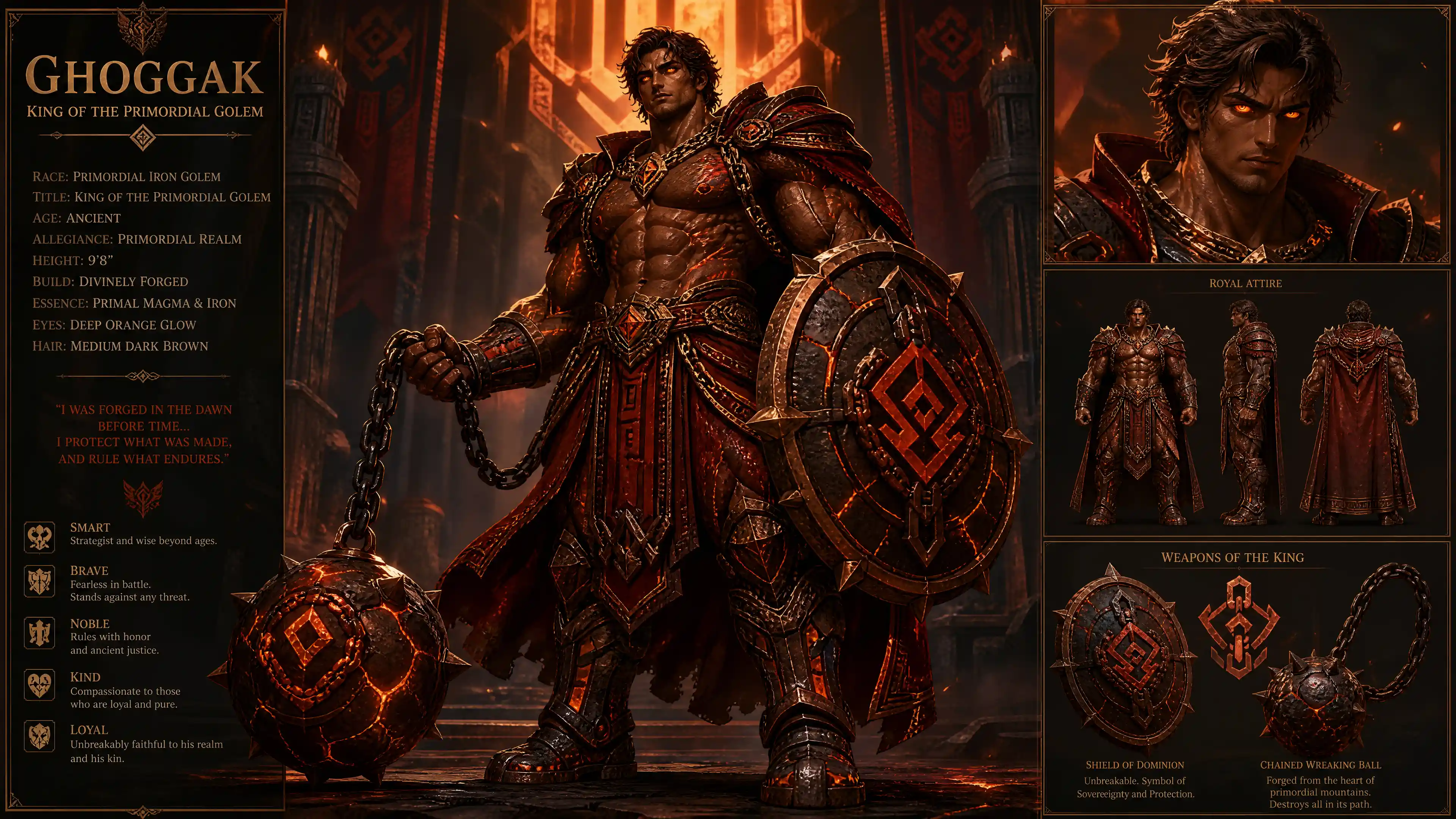 Heroic primordial golem king with glowing orange eyes