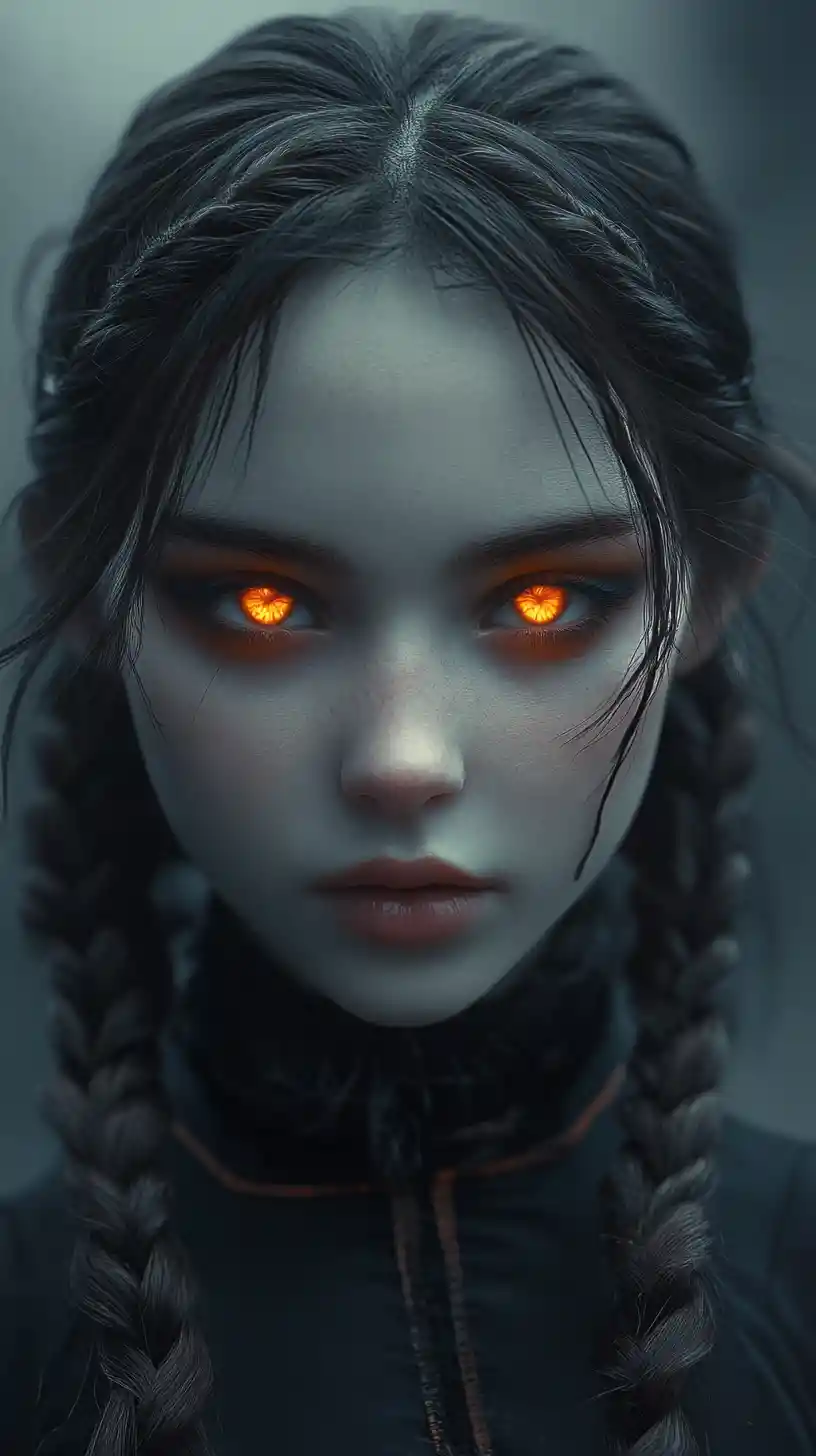 Gothic anime girl with glowing orange eyes