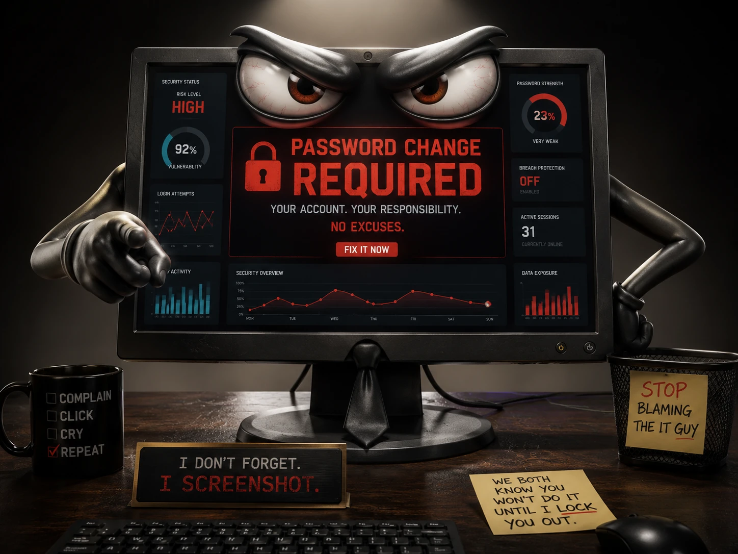 Angry computer monitor with password alert and data charts