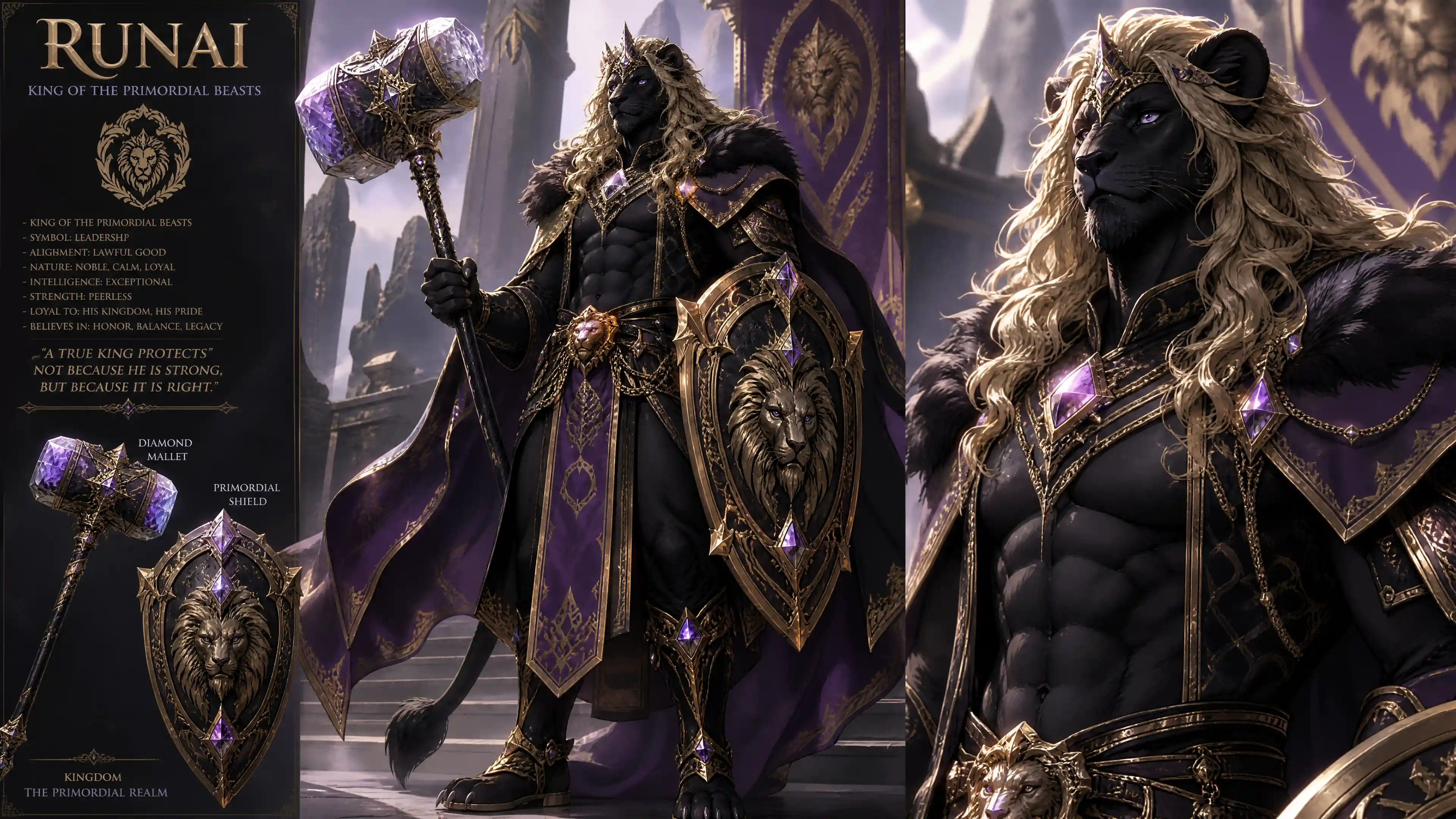 Regal anthro lion king with golden hair and amethyst eyes