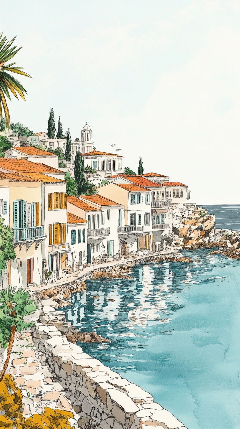 Storica cittadina balneare greca in una morbida illustrazione mixed media