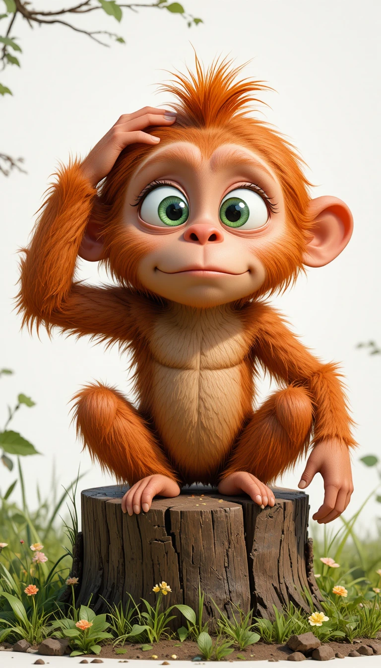 Cute 3D cartoon orangutan sitting thoughtfully on tree stump