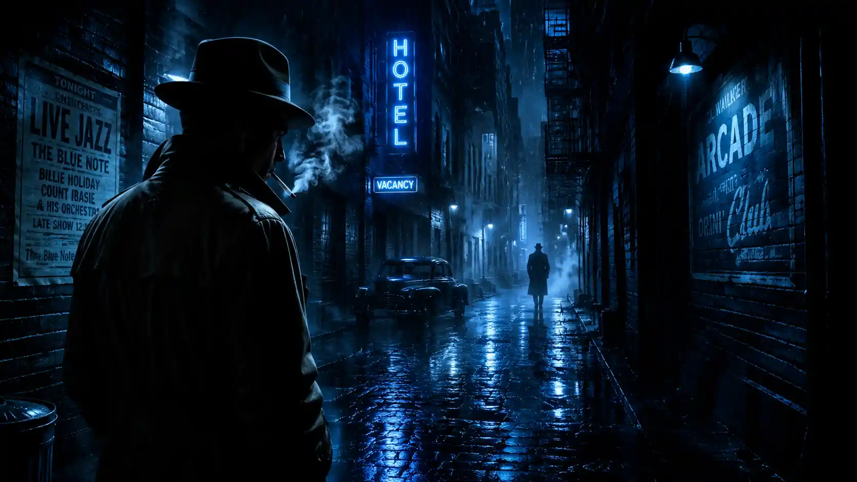 Lone noir detective on rainy neon lit cobblestone street