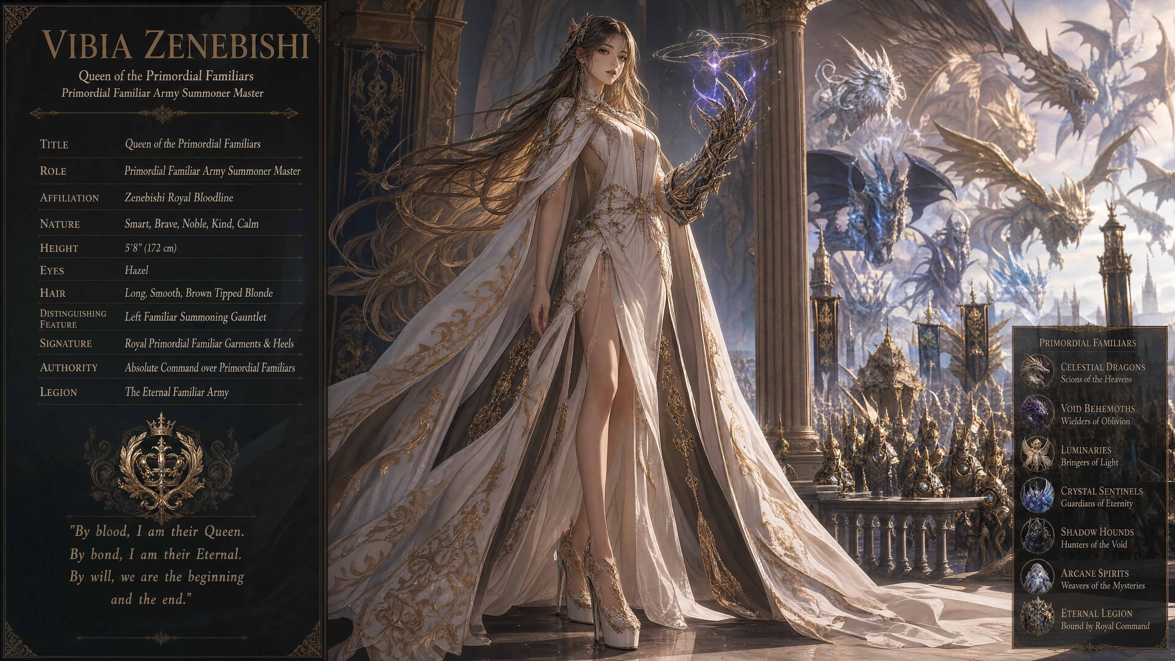 Fantasy-Königin mit haselnussbraunen Augen und langem blondem Haar mit braunen Spitzen
