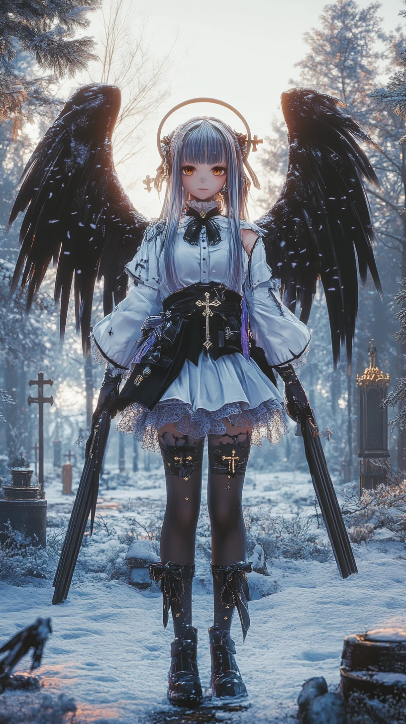 Anime girl with weapons in a snowy orthodox church