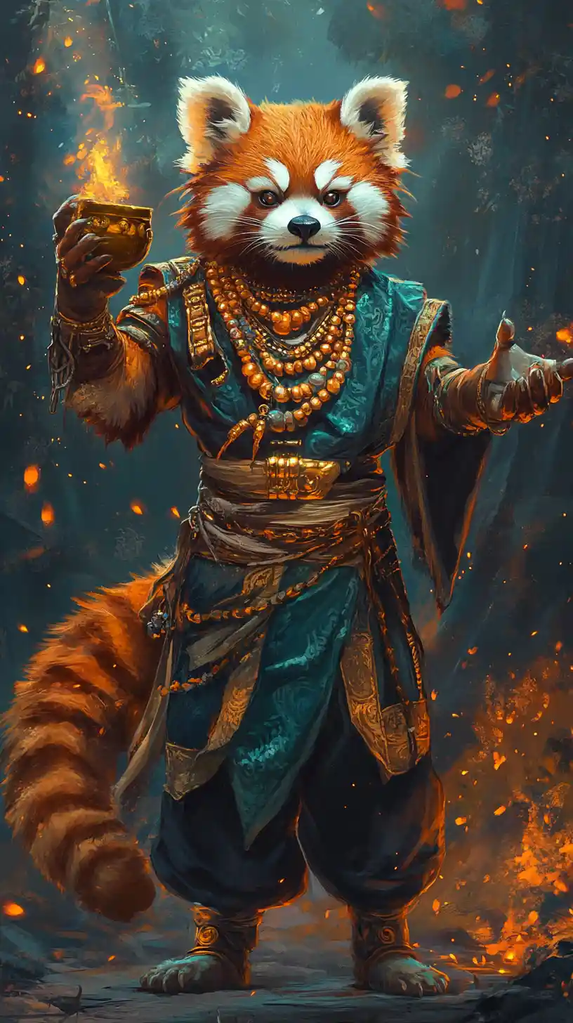Anthropomorphic Red Panda God Toasting In Neon Forest