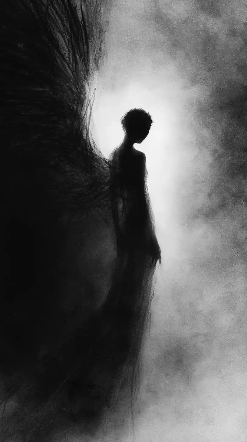Backlit angel silhouette with sweeping wings in smoky void