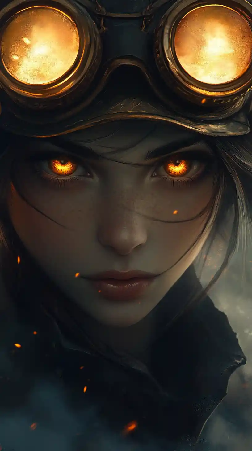 Steampunk anime girl portrait with glowing golden eyes