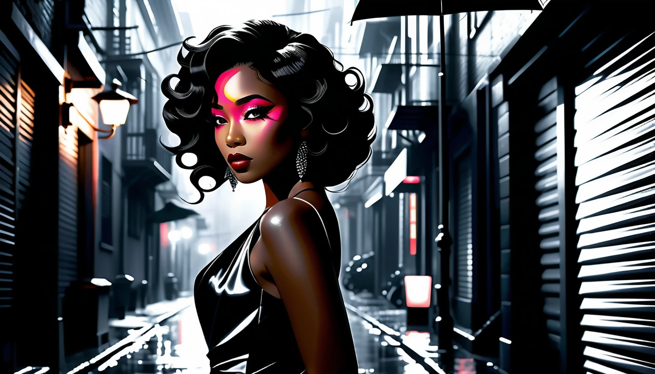Femme style anime noir dans une ruelle de ville sous la pluie