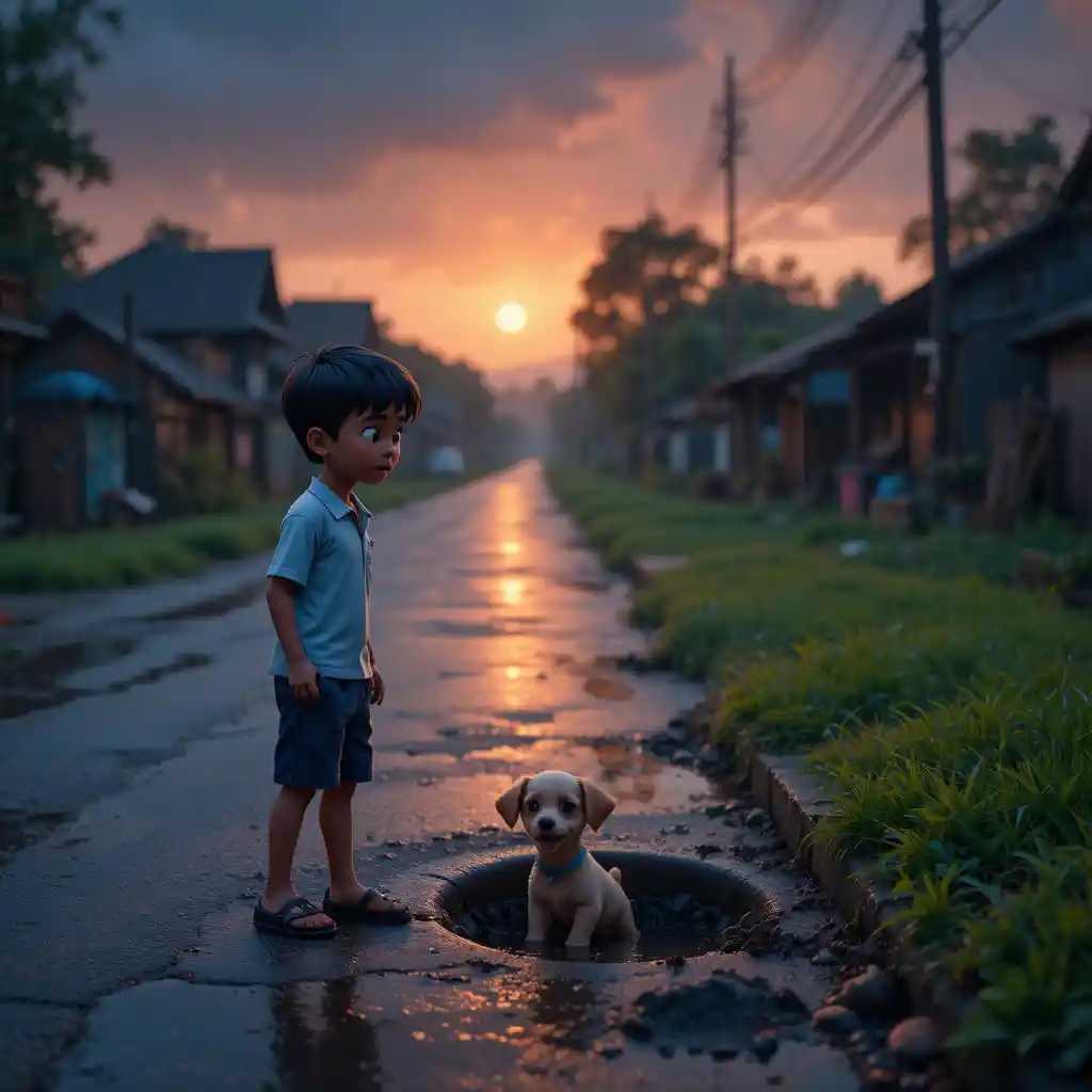 Boy Rescuing Trapped Dog On Rainy Village Road