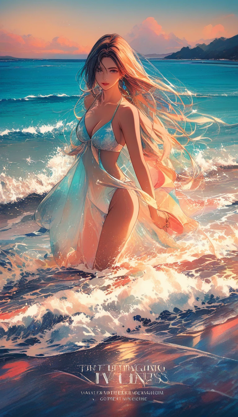 Stylized woman in bikini on a sunny ocean beach
