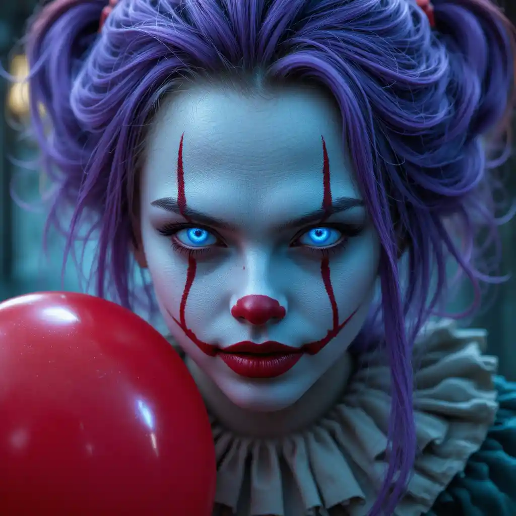 Young female clown with glowing blue eyes and red balloons