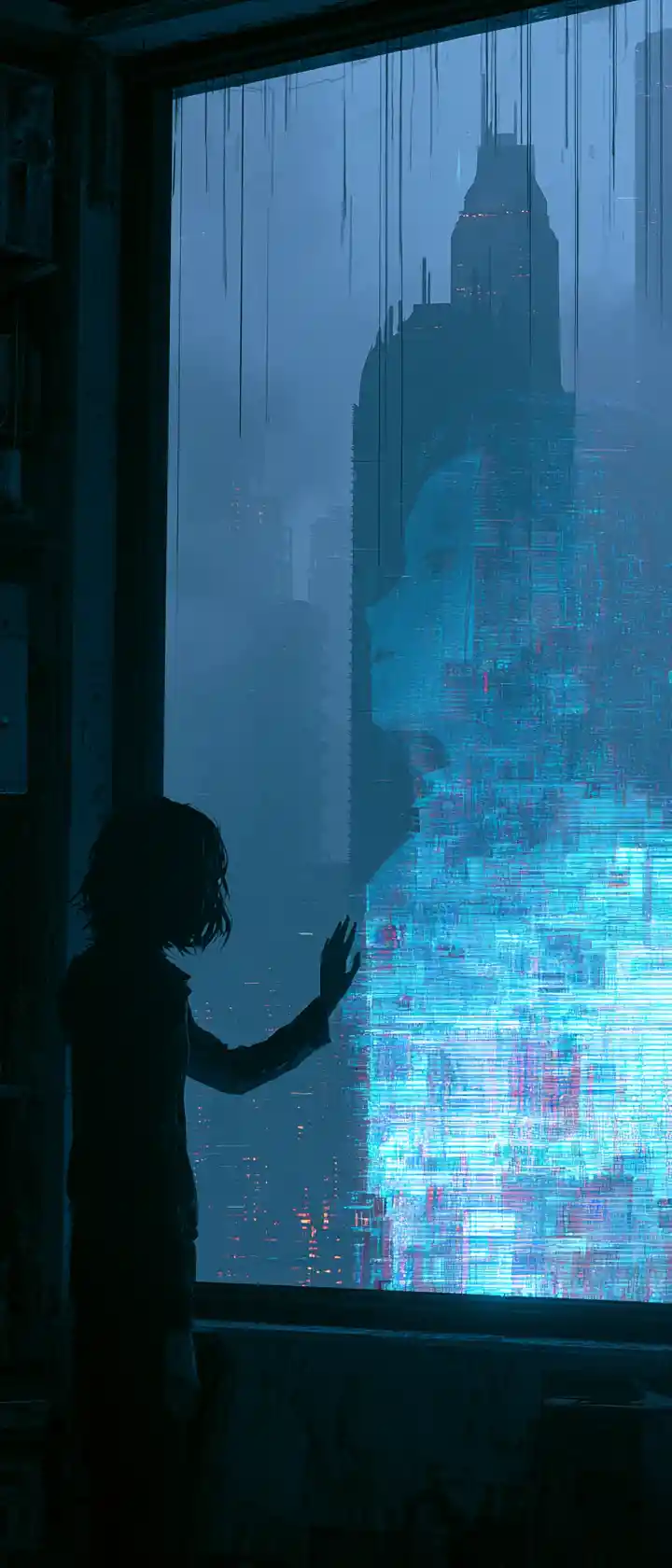 Lonely anime woman reaching for fading holographic lover
