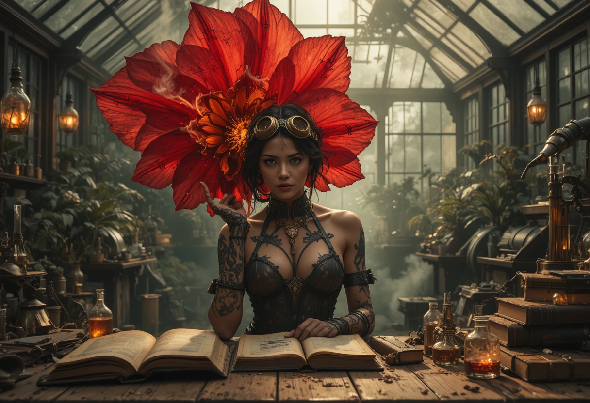 Steampunk alchemist woman behind a glowing crimson flower