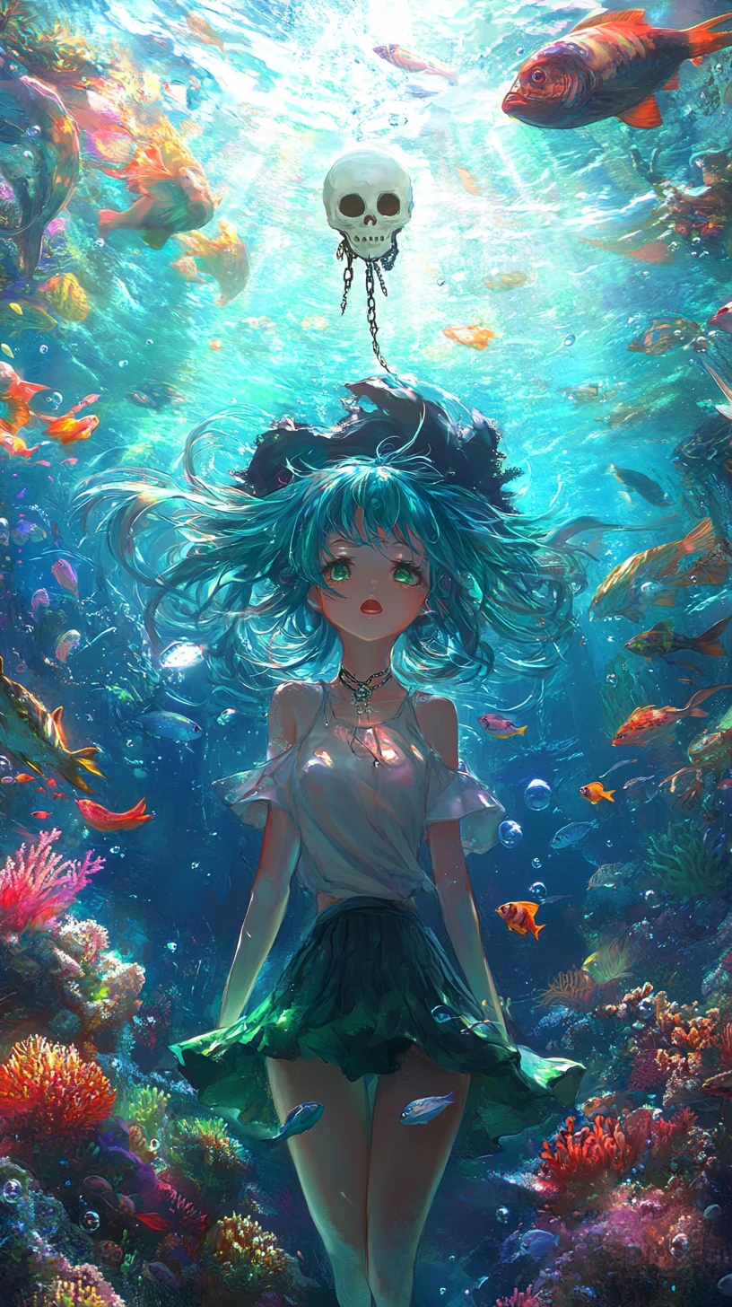Anime girl floating above colorful underwater coral reef