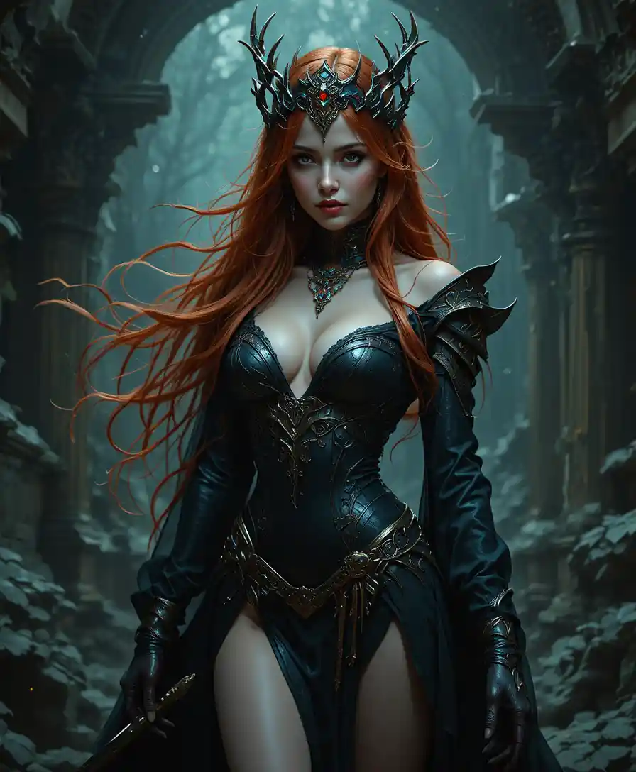 Red haired sorceress in a fantasy full length portrait