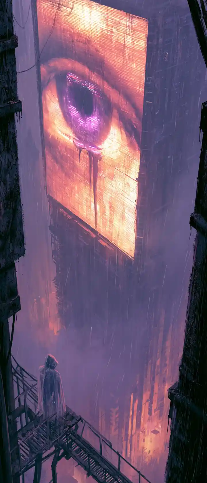 Lone figure under neon eye billboard in rainy city