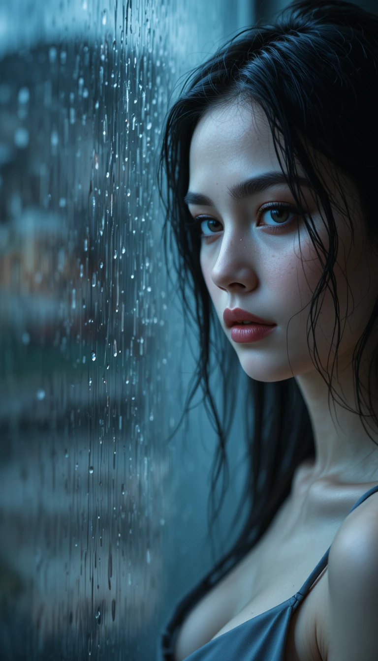 Moody portrait of a woman by a rainy window