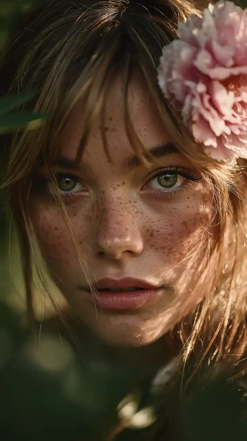 Young woman portrait in a sunlit botanical garden