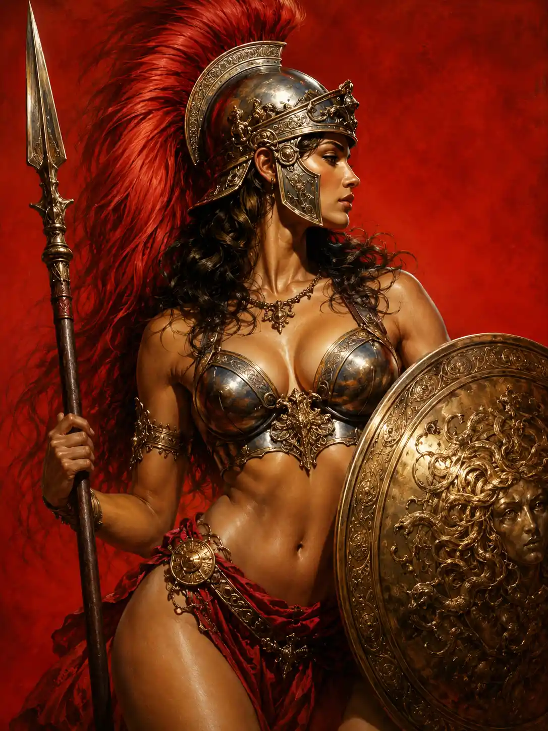 Profile portrait of a fierce female warrior in red armor