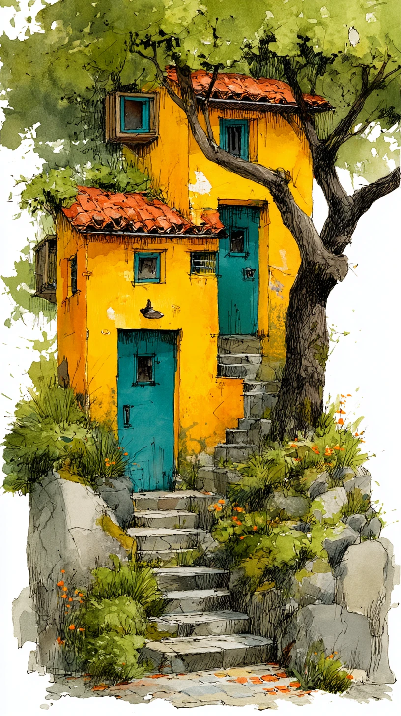 Acogedora cabaña en acuarela con árbol y jardín