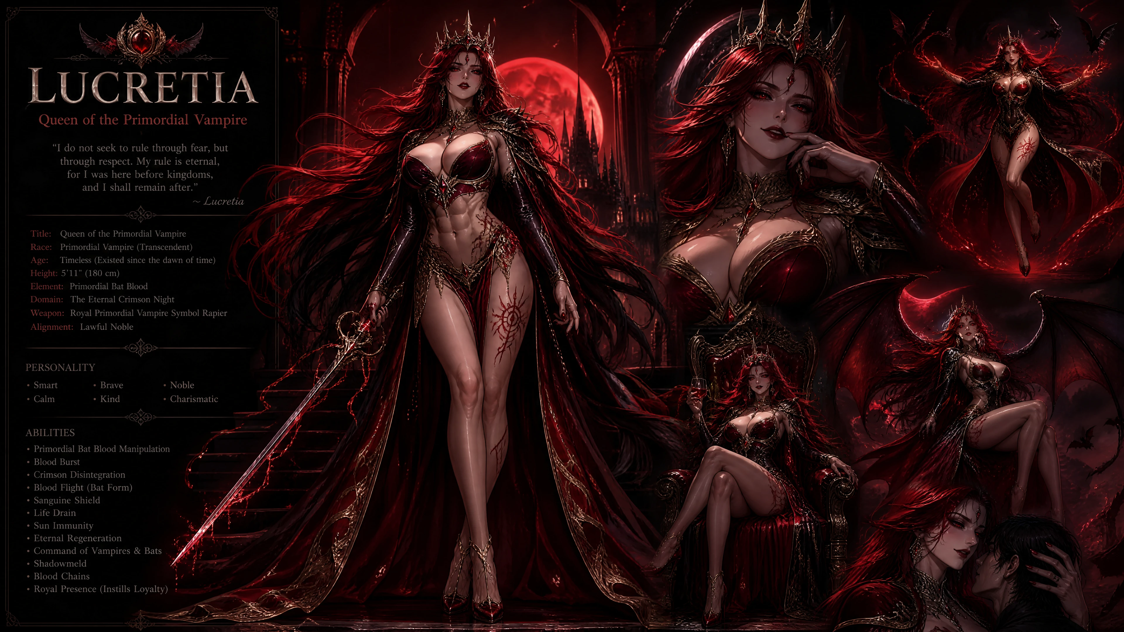 Vampire queen with scarlet hair and glowing red eyes