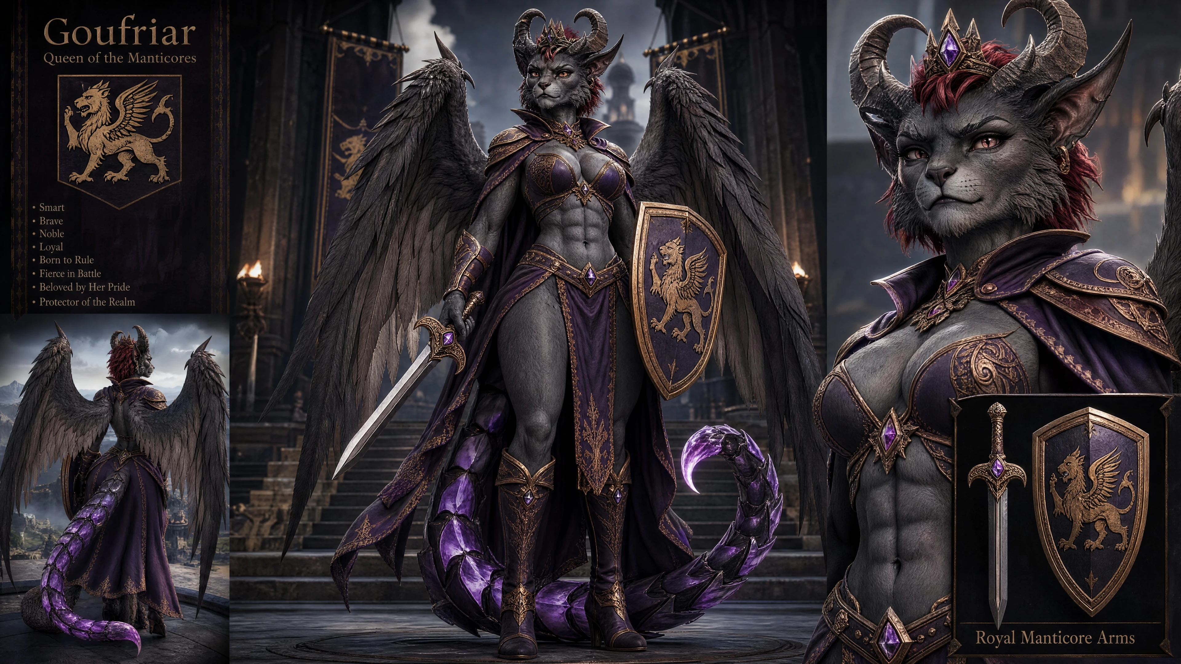 Winged manticore queen in regal armor with sword and shield