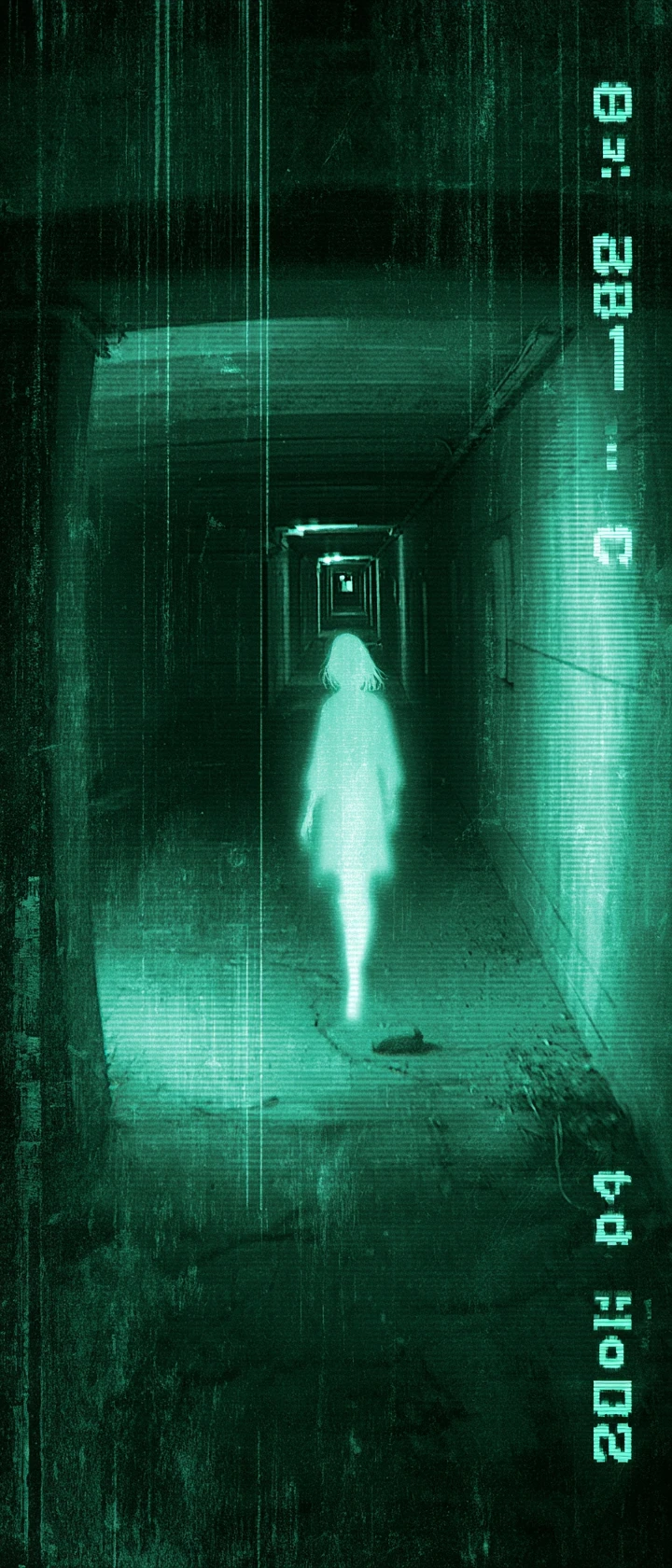Ghostly figure in brutalist corridor night vision surveillance