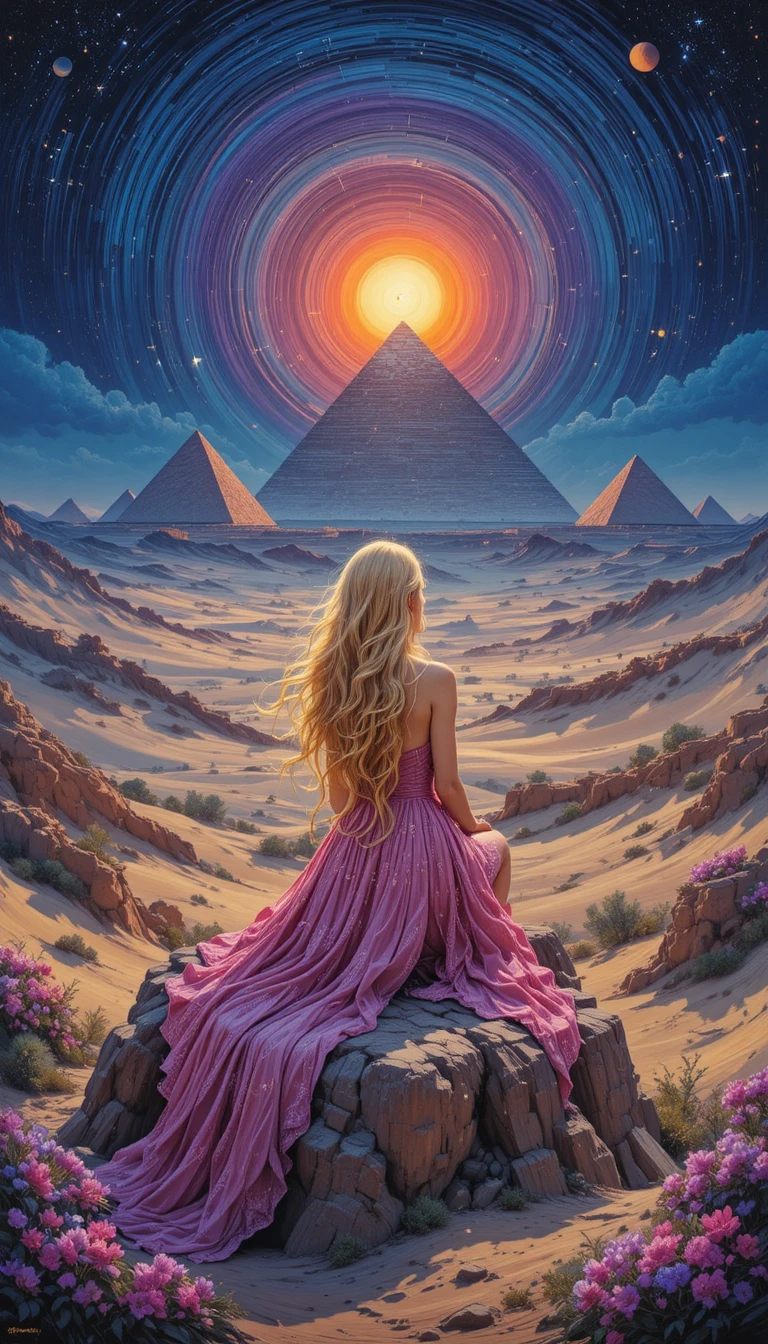 Girl on a rock watching pyramids at sunset sky