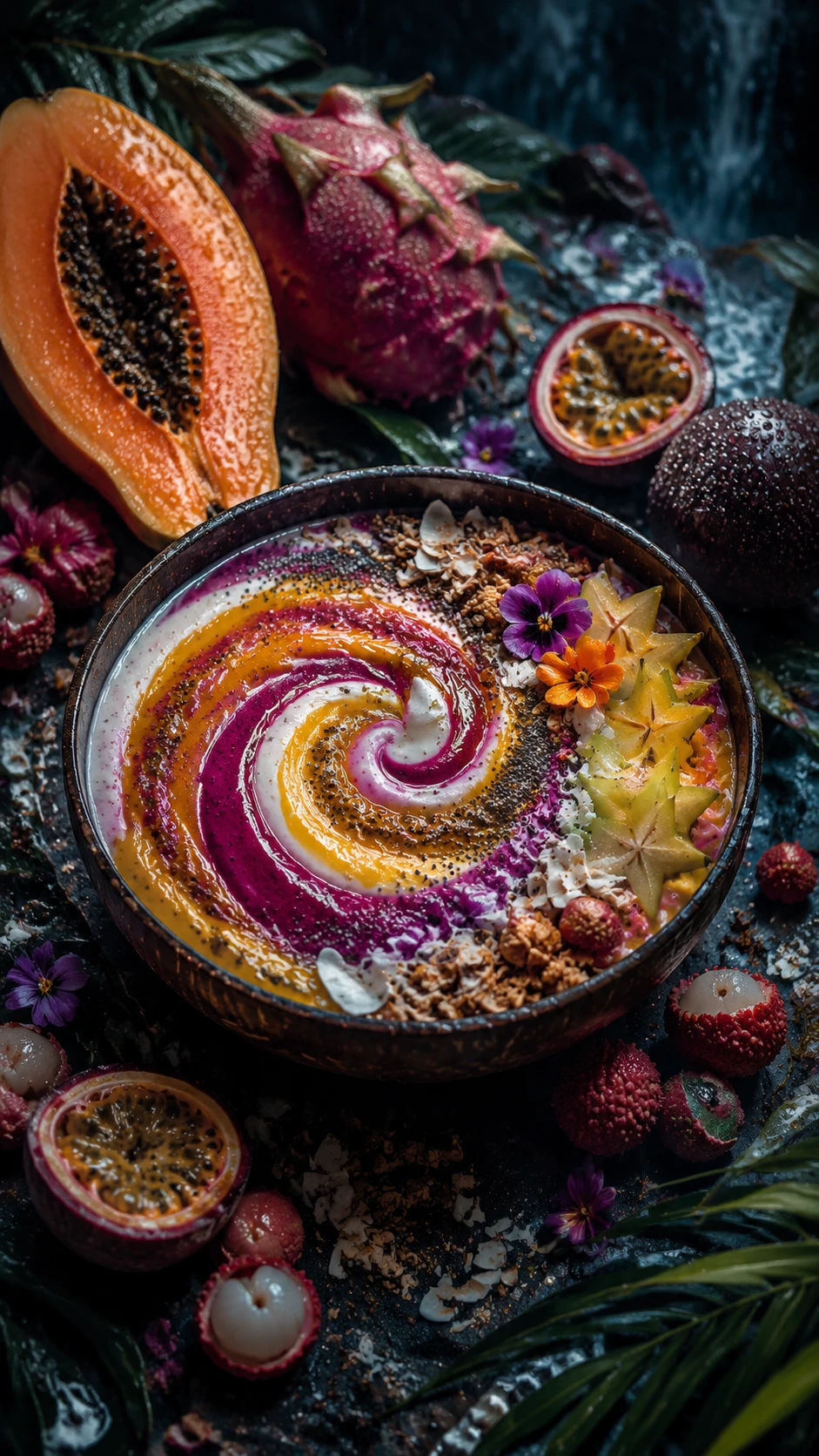 Dramatic tropical smoothie bowl with swirling fruit layers
