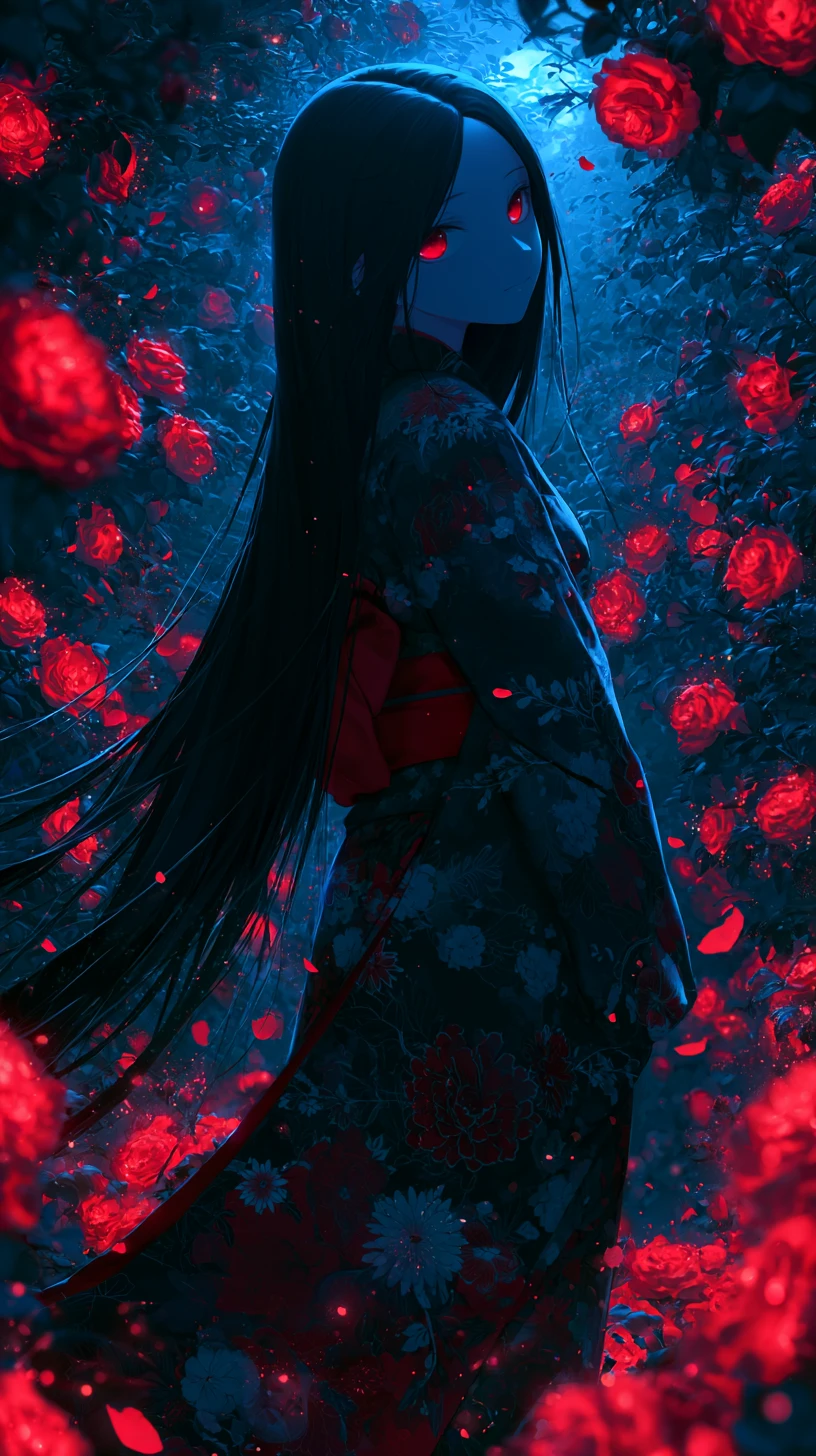 Anime girl in kimono amid glowing roses at night