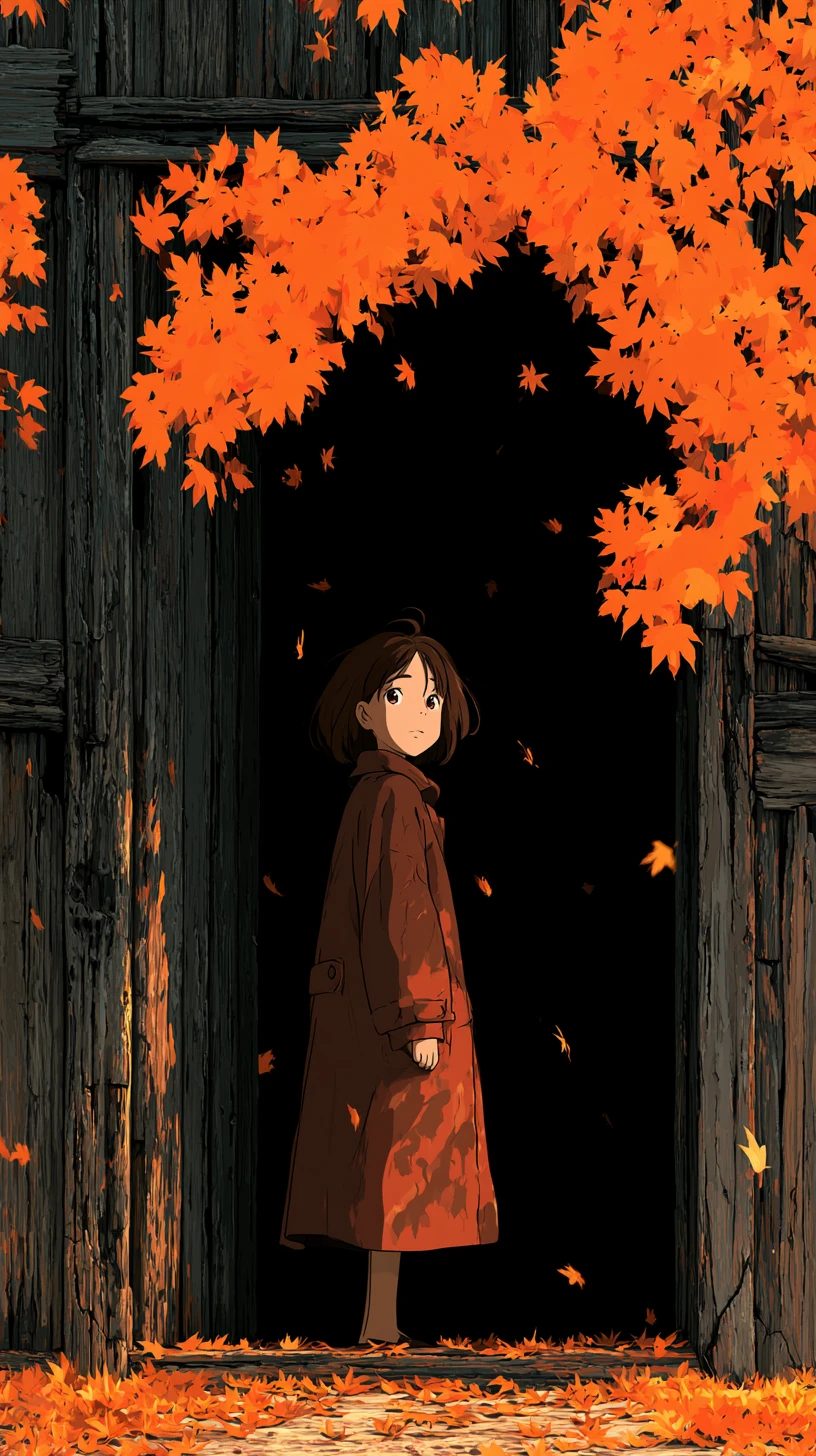 Chica de anime en puerta de otoño con hojas de arce cayendo
