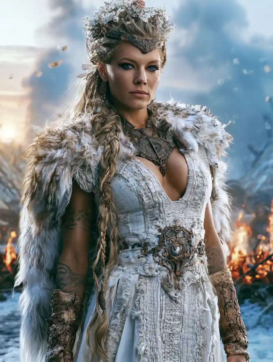 Viking bride goddess in white gown by a glowing fjord