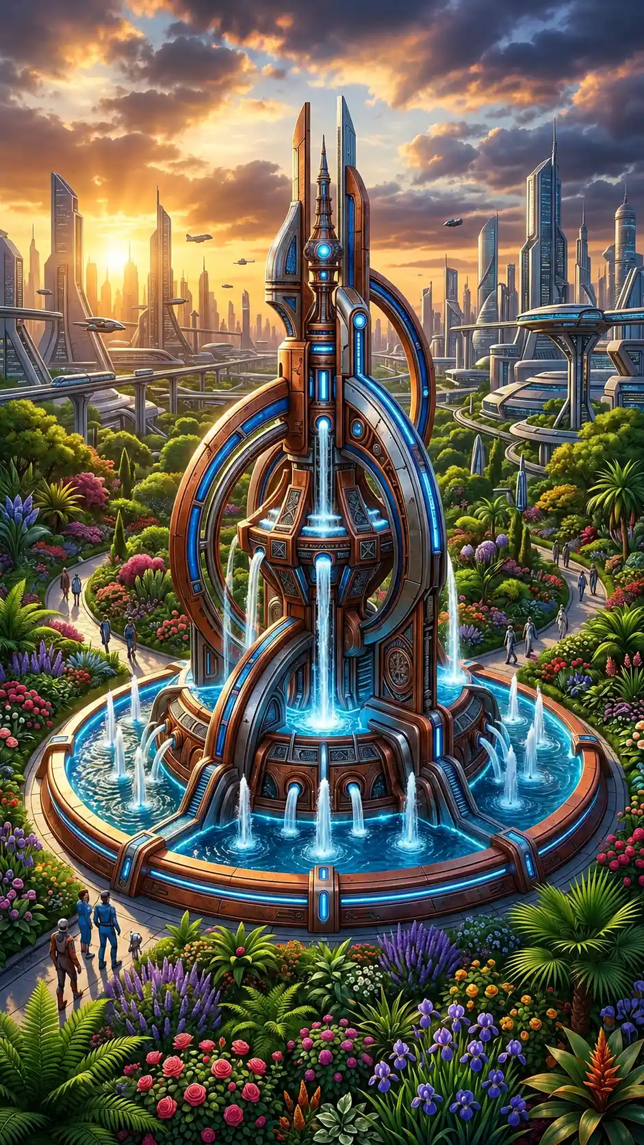 Futuristischer Kupfer- und Silberbrunnen in üppig grüner Landschaft